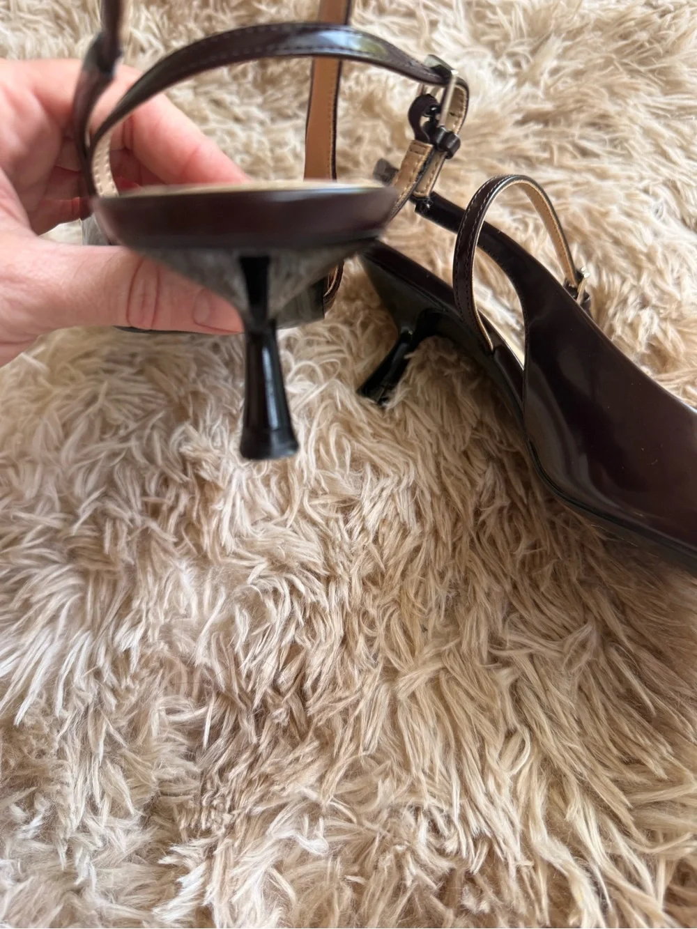 Pointed Patent Slingback Heels in Dark Brown